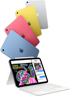 iPads in Blau, Pink, Gelb und Silber und ein iPad verbunden mit dem Magic Keyboard Folio mit Apple Pencil